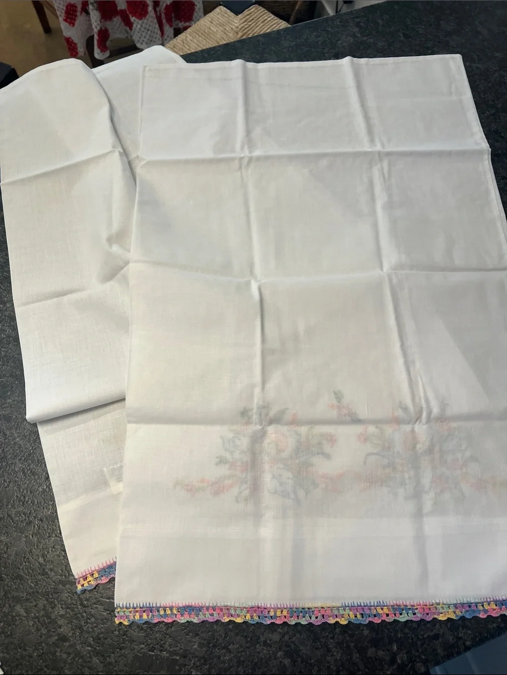 Hand-Embroidered White Pillowcases with Multicolor Floral Trim